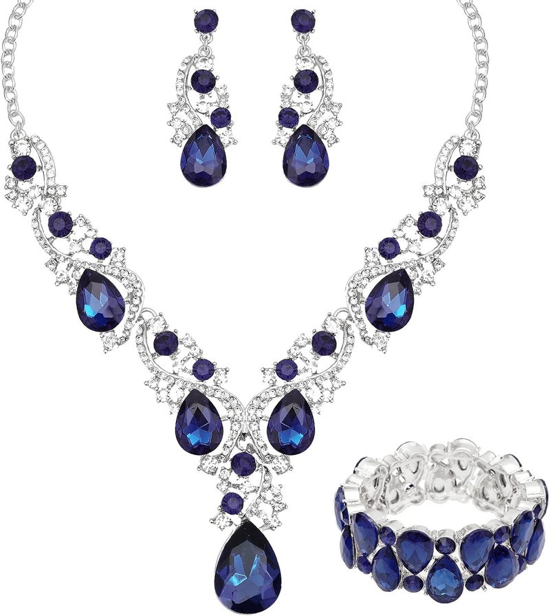 CSY Women's Elegant Bridal Necklace Earrings Stretch Bangle Bracelsts Set for Bride Bridesmaid Wedding Teardrop Crystal Costume Jewelry Sets - Image 1
